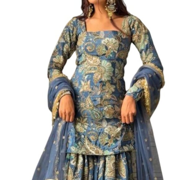 Designer Pakistani Royal Blue Crepe Digital Print With Embroidery Sharara Suit - Picture 3 of 5